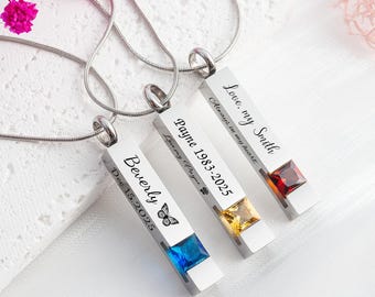 Personalized Birthstone Ashes Necklace, Engraved Cremation Urn, Memorial Jewelry