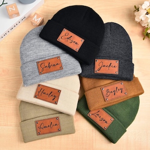 Newborn Baby Beanie with Name, Leather Patch Beanies for Baby Personalized, Infant Beanie with Name, Kid Knitted Hat, Baby Shower Gifts
