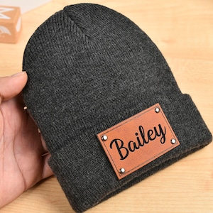 Leather Patch Beanies for Baby Personalized, Newborn Baby Beanie with Name, Infant Beanie with Name, Kid Knitted Hat, Baby Shower Gifts