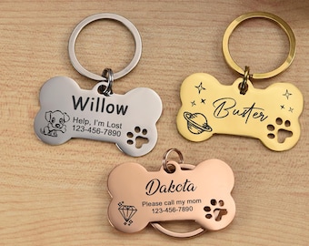 Médaille d'identification pour chien en os gravé : médaille en acier inoxydable pour animal de compagnie