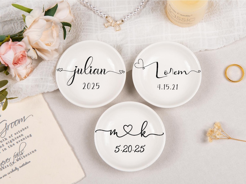 Bandeja personalizada para joias, porta-anéis de cerâmica personalizado, prato para anéis com nome, presente para pedido de madrinha, casamento e aniversário. imagem 12