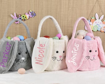 Personalized Plush Easter Basket, Easter Bucket, Kids Bunny Basket with Name, Custom Easter Bag,Easter Gift for Kid Girl Boy,Easter Egg Hunt