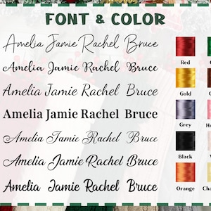 May include: A chart displaying font styles and thread colors. The text reads "FONT & COLOR" at the top. Seven font styles are shown with the names Amelia Jamie Rachel Bruce. Color swatches include red, green, gold, coffee, grey, hot pink, black, white, orange, and champagne.