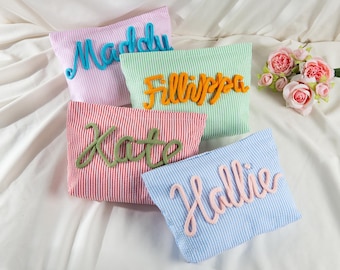 Custom Seersucker Cosmetic Bag, Striped Travel Pouch, Personalized Chenille Name Makeup Organizer, Bridesmaid Gifts
