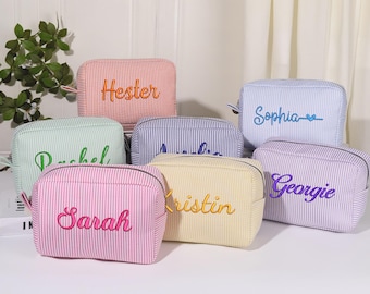 Custom Embroidered Seersucker Makeup Bag | Personalized Name Monogram Travel Toiletry Pouch, Bridesmaid & Bachelorette Gift, Gift for her