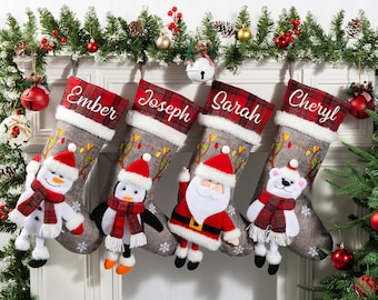 3D Plush Personalized Christmas Stocking, Custom Name Xmas Stocking for Kids Family Holiday Gift