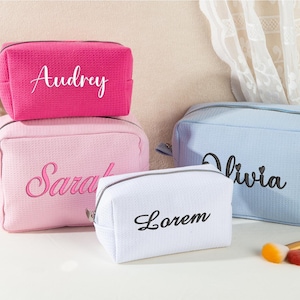 Monogrammed Seersucker Toiletry Bag, Personalized Waffle Cosmetic Bag, Custom Bridesmaid Makeup Bag, Wedding & Bachelorette Party Gift