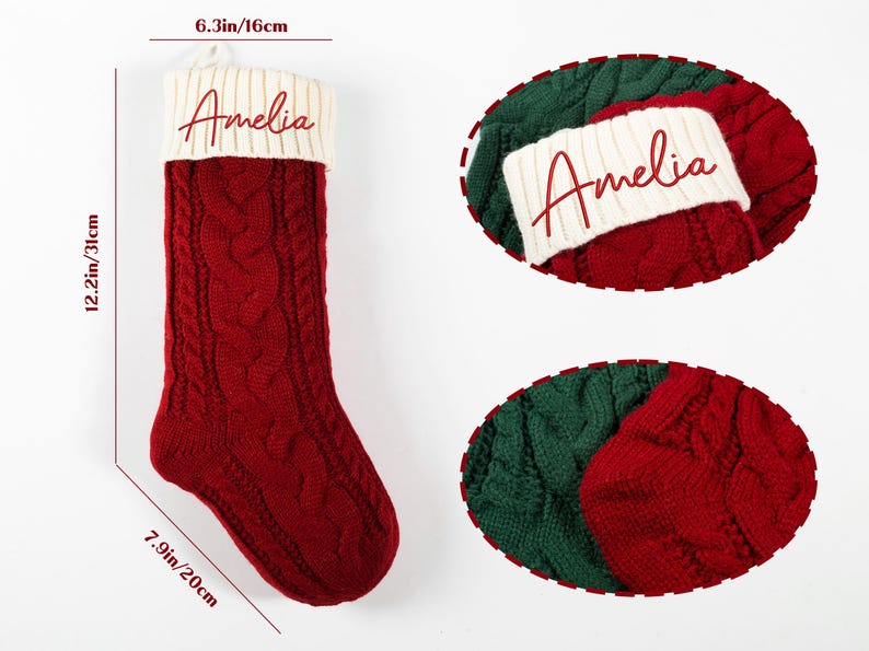 May include: A red cable-knit Christmas stocking with a cream-colored cuff. The stocking is 12.2 inches (31 cm) long and 7.9 inches (20 cm) wide. The name "Amelia" is embroidered on the cuff. The stocking is a festive holiday decoration.