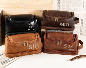 Engraved Leather Toiletry Bag, Personalized Leather Dopp Kit, Custom Men's Leather Travel Wash Bag,Groomsmen Gift, Gift for Him