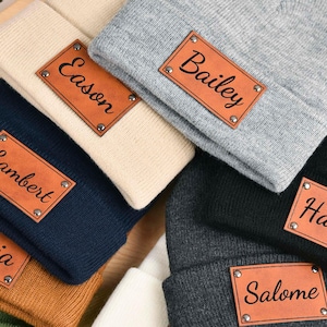 Newborn Baby Beanie with Name, Leather Patch Beanies for Baby Personalized, Infant Beanie with Name, Kid Knitted Hat, Baby Shower Gifts