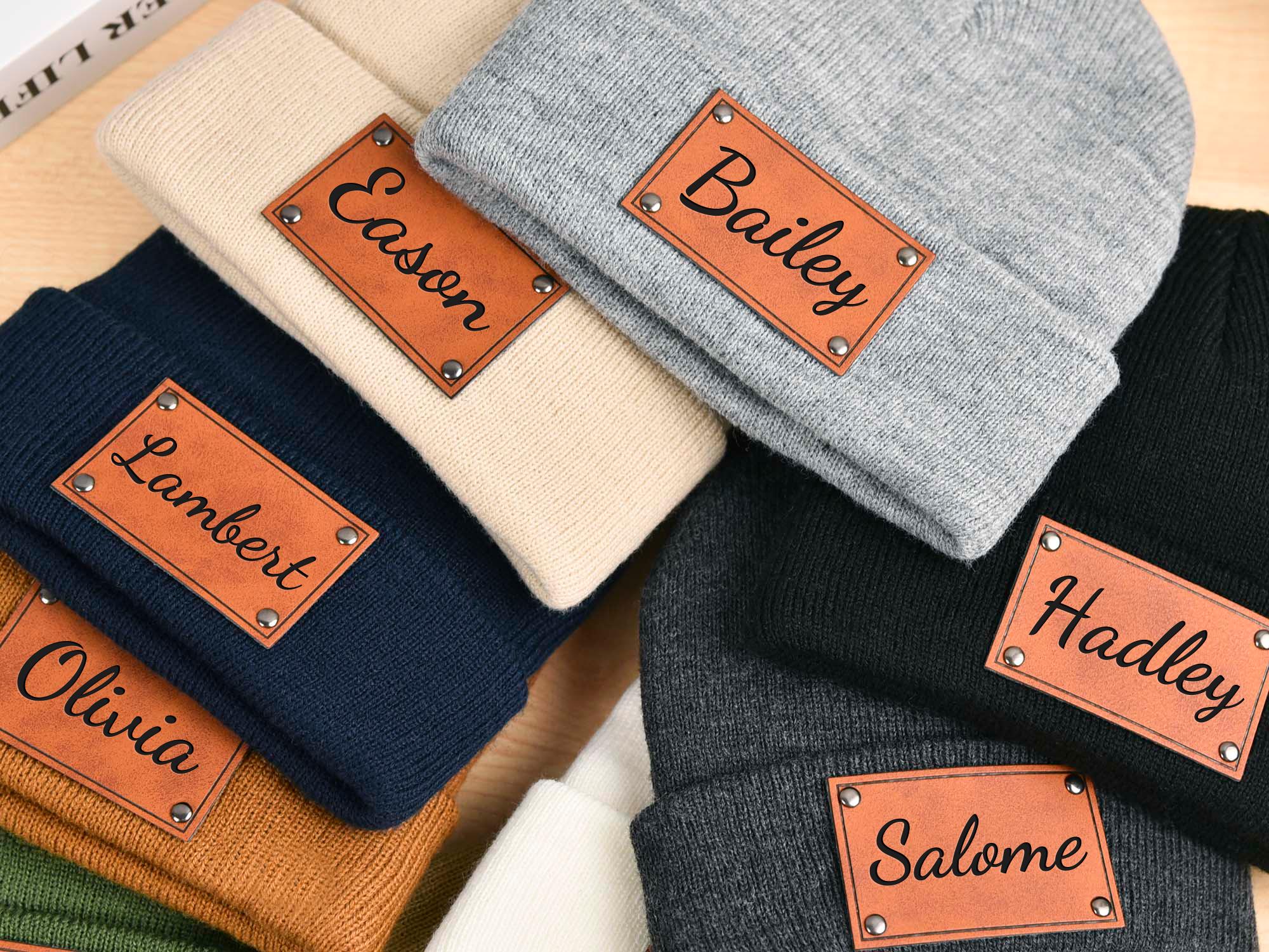 Newborn Baby Beanie with Name, Leather Patch Beanies for Baby Personalized, Infant Beanie with Name, Kid Knitted Hat, Baby Shower Gifts