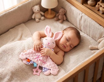Personalized Baby Lovey Blanket, Embroidered Name Bunny Comforter, Animal Lovey Toy, Baby Shower Gift