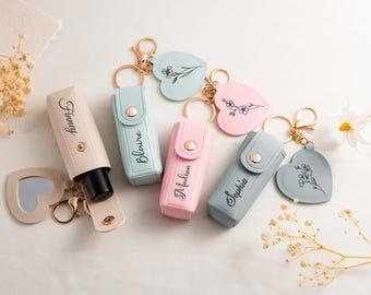 Personalized Birth Flower Lipstick Keychain, Engraved Name Lip Balm Holder, wedding gift, Bridesmaids gifts,Gift for Her