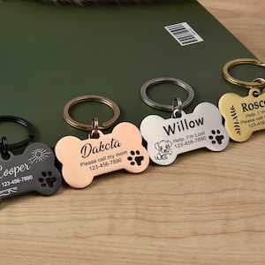 Dog ID Tag, Bone Dog Tag, Hollow Paw Bone Dog ID Tag, Dog Tag with Address/Phone, Engraved Dog Tag,Rose Gold Black Silver Dog Tag Pet Id Tag