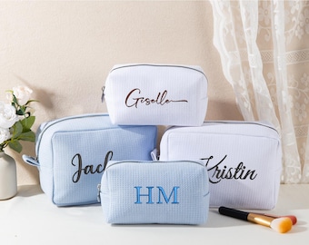 Custom Waffle Cosmetic Bag, Personalized Monogram Toiletry Bag, Embroidered Makeup Bag, Bridal Party Gift Bag, Gift for Her