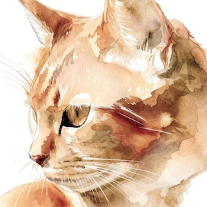 May include: A watercolor painting of a ginger cat head in profile, rendered in shades of warm orange, golden yellow, and deep brown. The artwork captures the feline's pointed ears, alert eyes, and delicate whiskers with fluid, translucent brushstrokes.