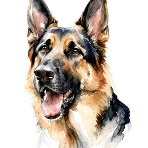 May include: A watercolor painting of a German Shepherd dog head, featuring characteristic black and tan fur, pointed ears, and brown eyes. The dog is depicted with an open mouth and a visible pink tongue, rendered in a painterly style.