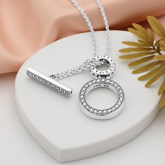 Double Hoop T-bar Necklace, Unique Design with Logo on Front and Back - 45cm Long Chain - A Contemporary Essential in Sterling Silver.