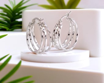Silver Filled Hoop Earrings with 3 Layer Twist, Large Huggie Hinged Hoop, Circle Twisted Earrings, Womens Jwewellery.