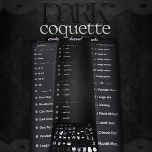 以下が含まれることがあります： ダークコケットのグラフィックデザイン。絵文字、チャンネル、ロールが含まれています。このデザインは、ゲームタイトルやコマンドなど、さまざまなテキスト要素を備えたダークなテーマが特徴です。アイコンのコレクションも存在します。