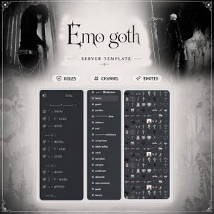 以下が含まれることがあります： Emo goth SERVER TEMPLATEというタイトルのデジタルサーバーテンプレート画像。3つの垂直パネルで構成され、チャンネルリスト、ロールカテゴリ、絵文字アイコンがモノクロの美学とゴシック様式のシンボルやテキスト要素と共に表示されています。