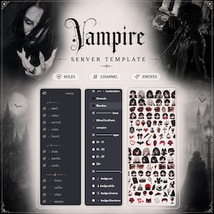 May include: A digital Vampire Server Template featuring gothic imagery, text headers, and three vertical panels. The panels display channel lists, role categories, and a collection of small red and black icons, including bats, roses, and vampire characters.