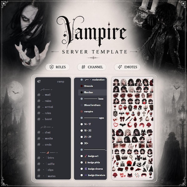 Vampire template server Discord | (Emojis - Channels - Roles)  | halloween, minimalist, dark, black, occult, vampire, gothic