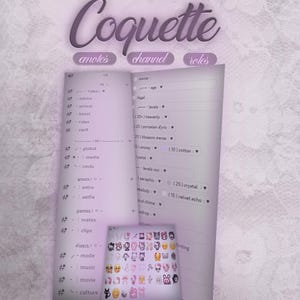 May include: A digital art graphic with the word "Coquette" in a cursive font. The image features a light purple color scheme with text boxes labeled "emotes", "channel", and "roles". A smaller window displays various emojis.