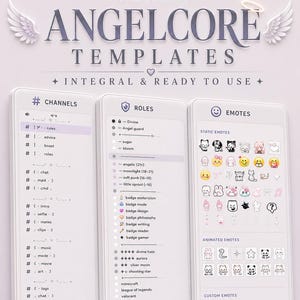 May include: A digital graphic design featuring the text "PREMIUM ANGELCORE TEMPLATES" with angel wing and halo illustrations. The design includes sections for channels, roles, and emotes, with additional text such as "COMPLETE SETUP" and "EASY TO USE & CUSTOMIZE."