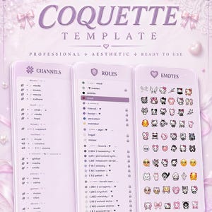 May include: A digital template with a soft purple aesthetic, featuring the word "COQUETTE" in a decorative font. The design includes sections for channels, roles, and emotes, with various icons and text elements. The overall theme is professional and ready to use.