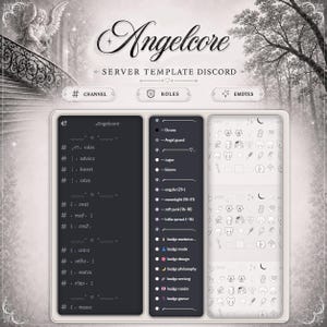 Peut inclure: Un modèle de serveur numérique pour Discord intitulé Angelcore, présentant une interface monochrome avec trois colonnes affichant des listes de canaux, des catégories de rôles et une collection de petites icônes sur un fond d'escaliers et d'arbres.