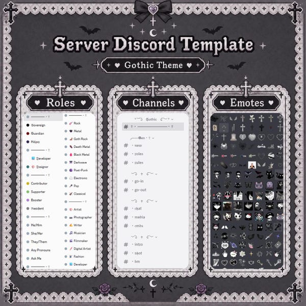 Goth Gothic template server Discord | (Emojis - Channels - Roles)  | emo, minimalist, dark, black, occult, vampire, Halloween