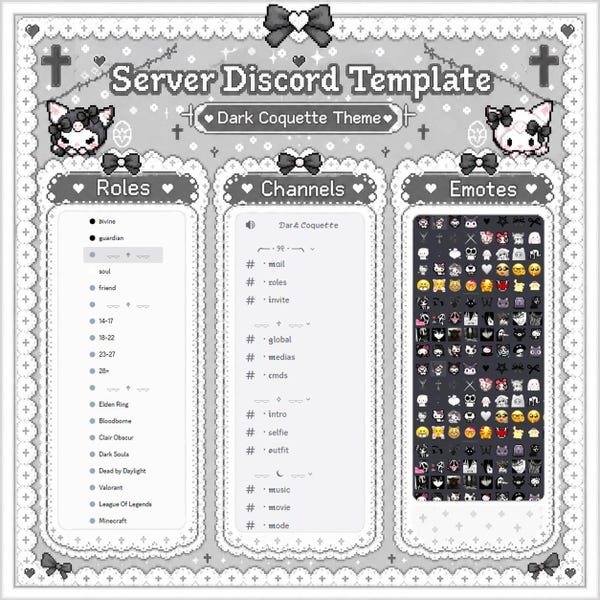 Dark Coquette Discord Server Template  | (Emojis - Channels - Roles) | Goth Gothic Vampire Aesthetic Halloween Dark Minimalist Romantic Lace