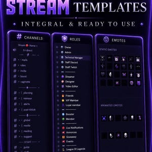 Plantilla de servidor Discord para streaming | Diseño de Discord para streaming de Twitch | Estilo gamer estético | Roles de canal | Profesional de videojuegos moderno y oscuro