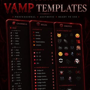 May include: A digital graphic design for a vampire-themed template. The design features a dark red and black color scheme with the words "VAMP TEMPLATES" at the top. The template includes channels, roles, and emotes.