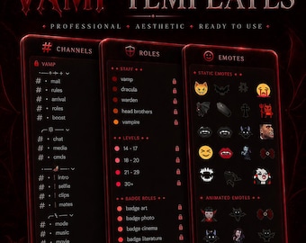 Vampire template server Discord | (Emojis - Channels - Roles)  | halloween, minimalist, dark, black, occult, vampire, gothic