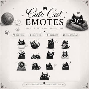 Peut inclure: Un ensemble graphique numérique intitulé Cute Cat Emotes présentant une collection de treize illustrations de chats noirs aux grands yeux. Les chats sont représentés dans diverses poses, notamment dans une tasse, une boîte, une couverture ou un poisson.