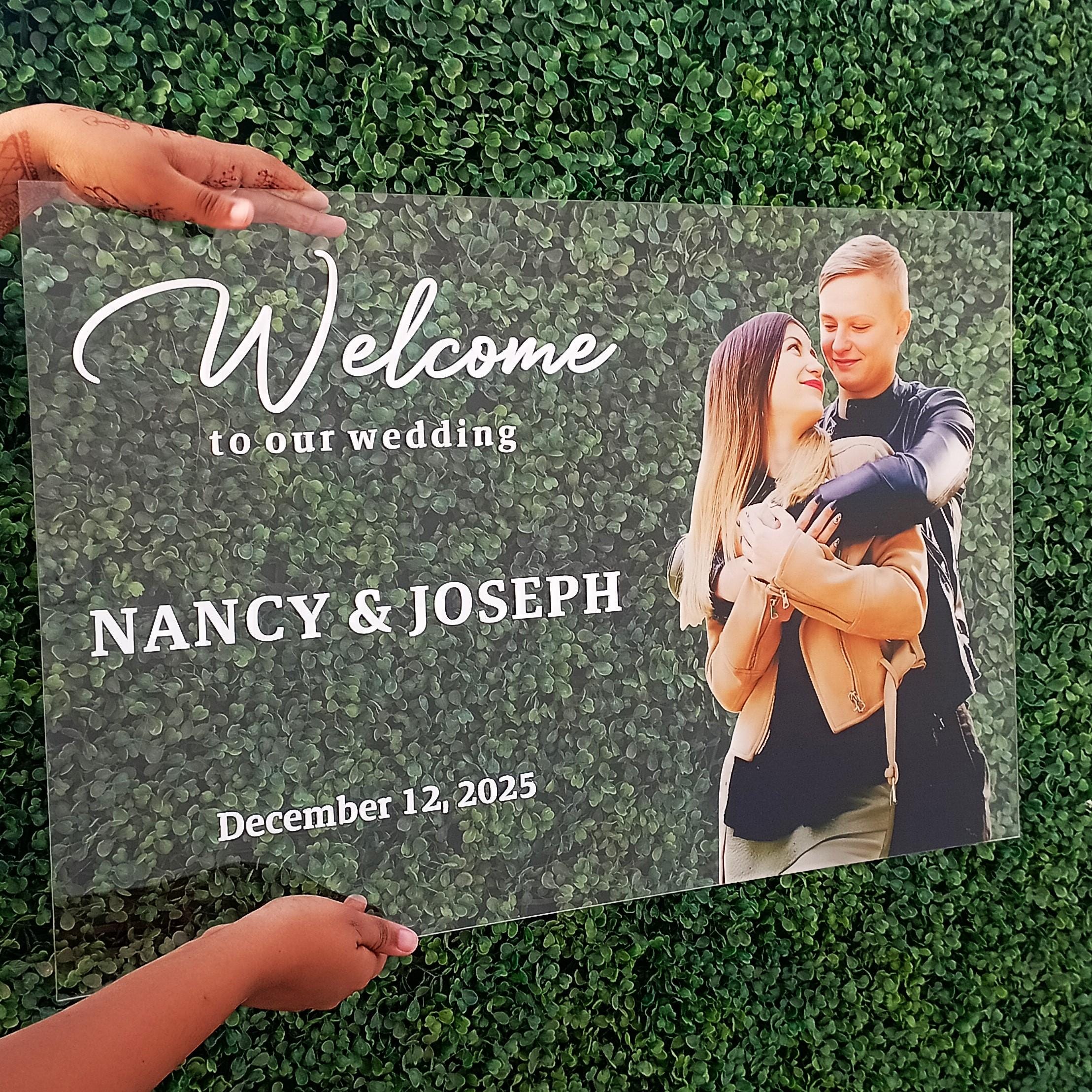 Plaque de bienvenue en acrylique personnalisée pour mariage, plaque transparente personnalisée avec nom et date