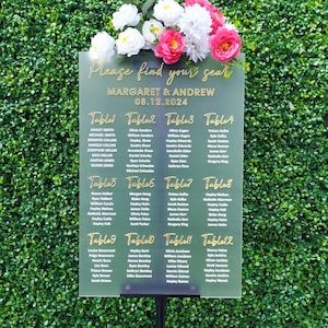 Custom Frosted Acrylic Wedding Seating Chart: 3D Gold Lettering