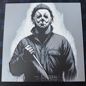 May include: A grayscale illustration of a figure in a jumpsuit and mask, holding a knife. The artwork has a textured, sketched appearance, with a white background and a dark blue and black color palette. The image is a square.