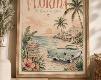 May include: A framed vintage-style art print titled FLORIDA The Sunshine State, featuring a light blue convertible car on a beach, palm trees, a coastal building, and a wooden signpost listing Beaches, Key Largo, Naples, St. Augustine, and Palm Beach.