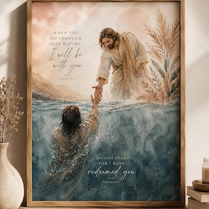 Jesus Reaching Into Water Wall Art Christian Boho Watercolor Print Faith Based Savior Poster 11x14 image 1