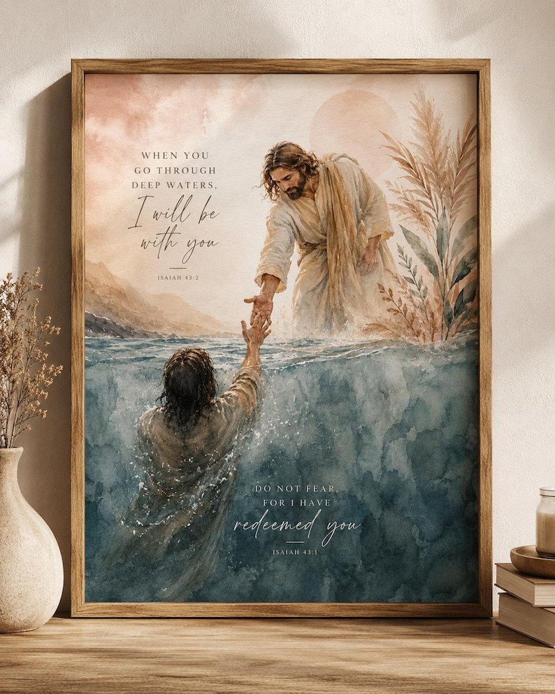 Jesus Reaching Into Water Wall Art Christian Boho Watercolor Print Faith Based Savior Poster 11x14 image 1