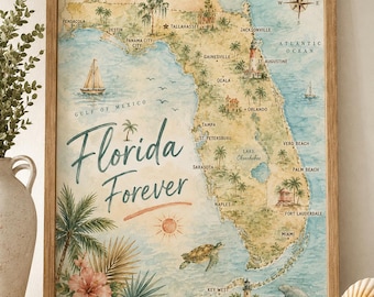 May include: A framed watercolor map of Florida featuring the text Florida Forever, illustrated with palm trees, a sailboat, a sea turtle, a manatee, lighthouses, and hibiscus flowers in shades of tan, green, and blue, set within a light wood frame.