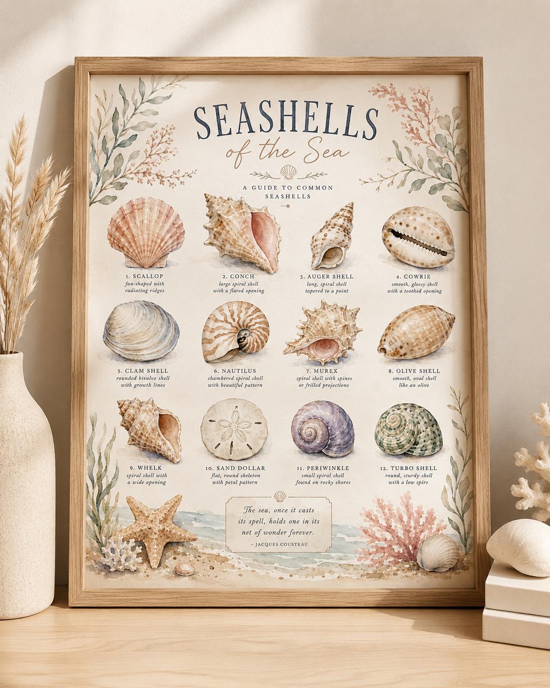 Boho Seashell Identification Chart Coastal Wall Art Pastel Watercolor ...