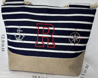Personalised Beach Bag with Initial, Nautical Monogram Tote, Custom Embroidered Navy Stripe Bag, Bridesmaid Gift, Summer Holiday Handbag