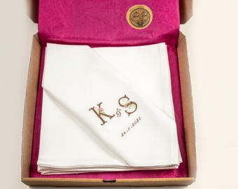 Personalisierte Hochzeits-Servietten, individuell bestickte Baumwoll-Servietten, Jubiläumsgeschenk mit Monogramm, Hochzeitstischdekoration, Initial- & Datums-Servietten