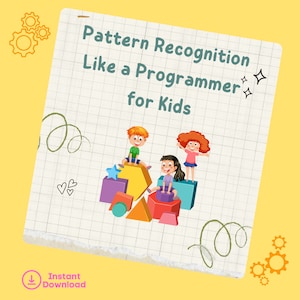 Könnte beinhalten: Ein Arbeitsblatt mit einem Rastermuster und dem Text "Pattern Recognition Like a Programmer for Kids". Drei Kinder stehen auf bunten geometrischen Formen. Die Formen umfassen einen Stern, ein Sechseck, einen Kreis, ein Rechteck und ein Dreieck.