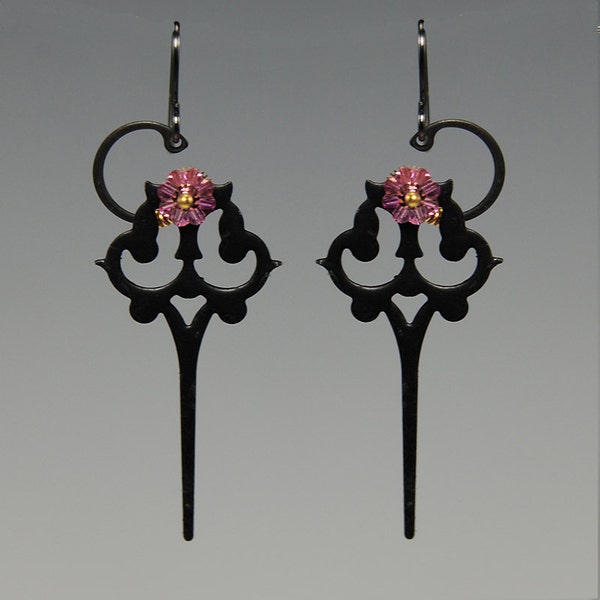 Artemis II v4: Steampunk earrings with vintage clock parts and rose Swarovski crystals