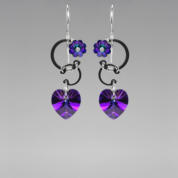 Heliotrope swarovski Crystal Earrings, Iridescent Crystal, Industrial Jewelry, Blue Crystal, Purple Crystal, Wire Wrapped, Blue Shift II v8